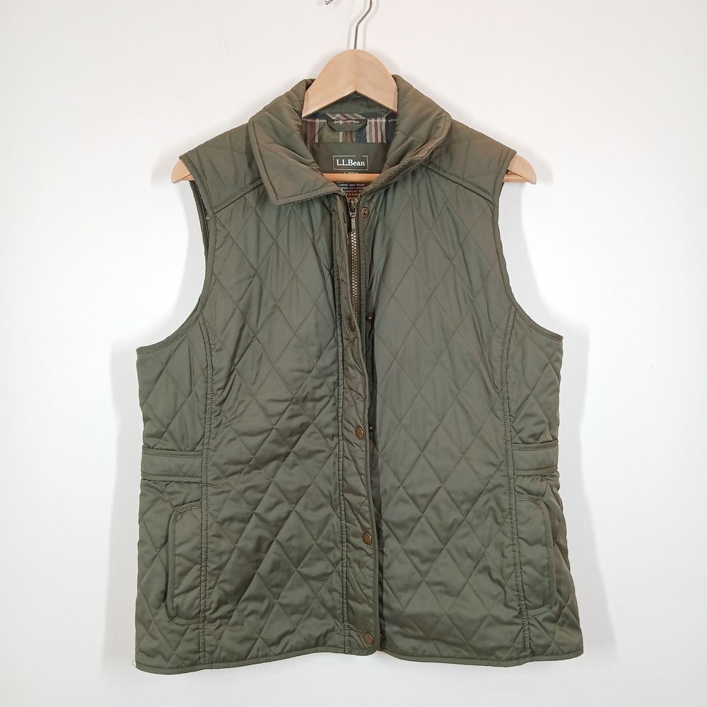 L.L.Bean Quilted Vest Women Large Olive Green Polyester Full Zip Outdoor Classic